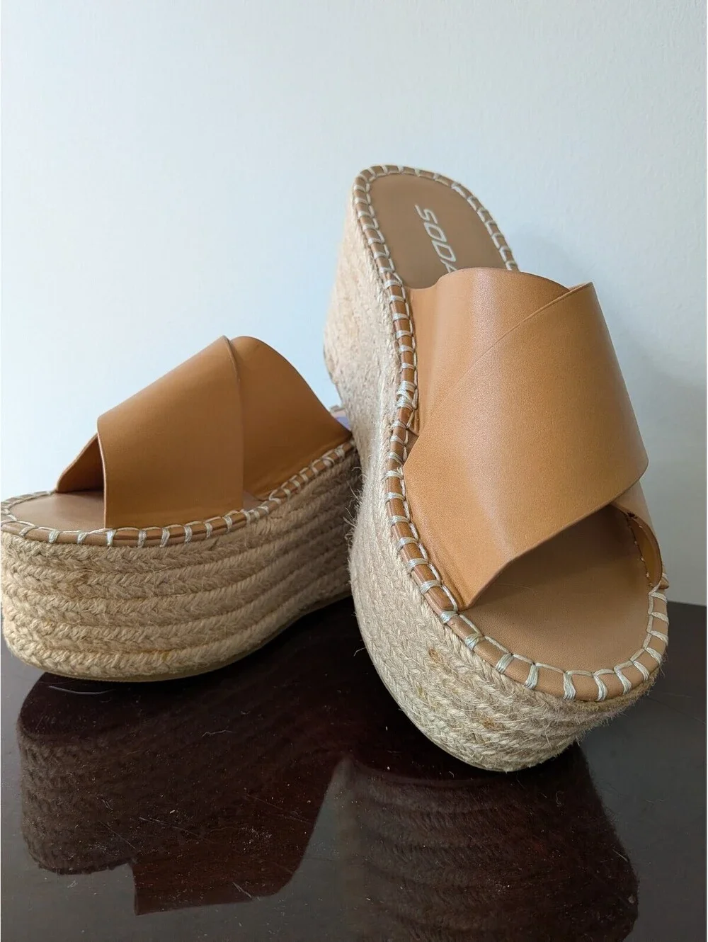 Soda Platform tan crisscross espadrille wedge slide sandals size 6.5 fall summer